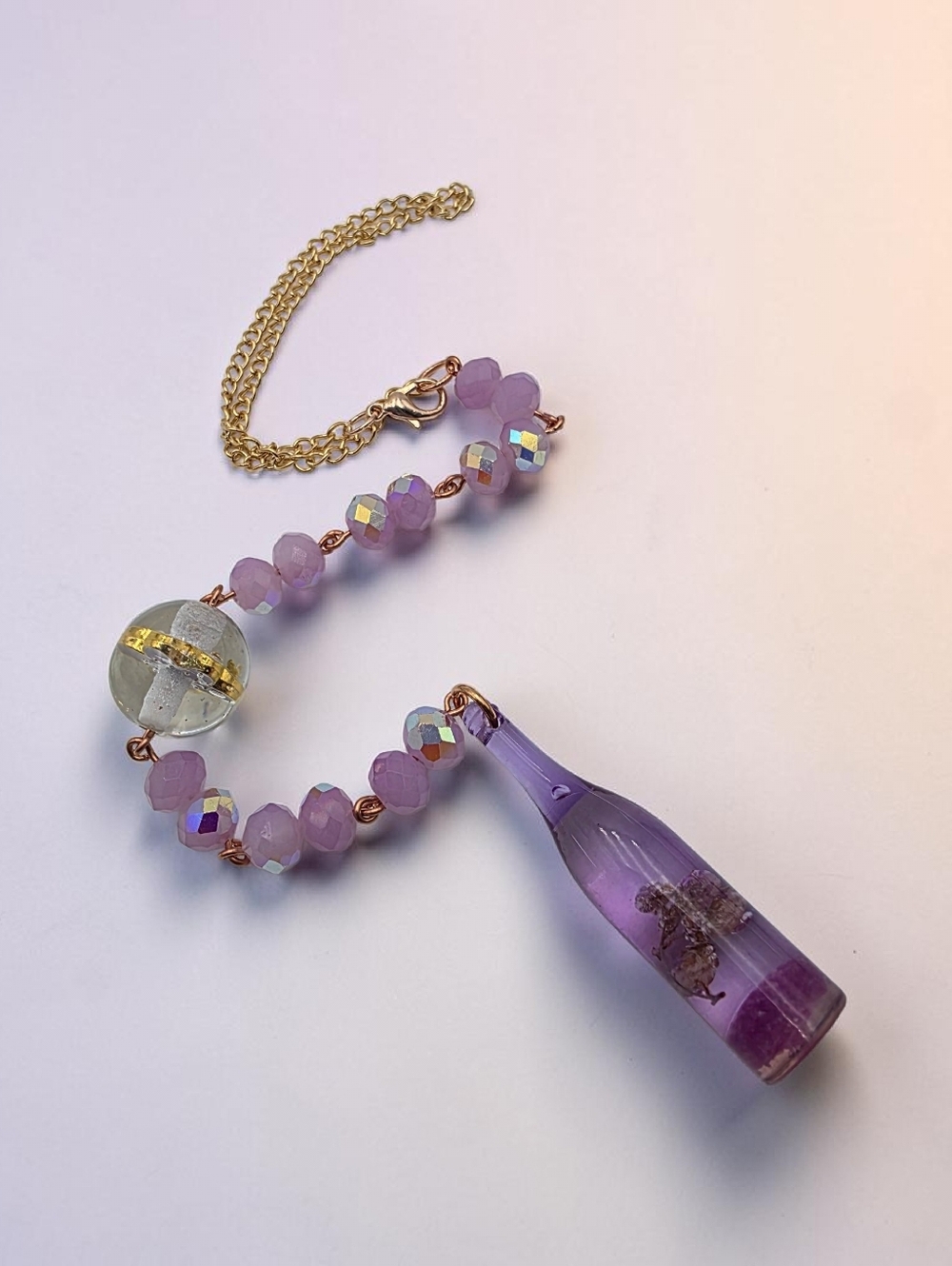 Handmade Purple Bottle Car Charm with Purple Crystal Beads Resin Pendant